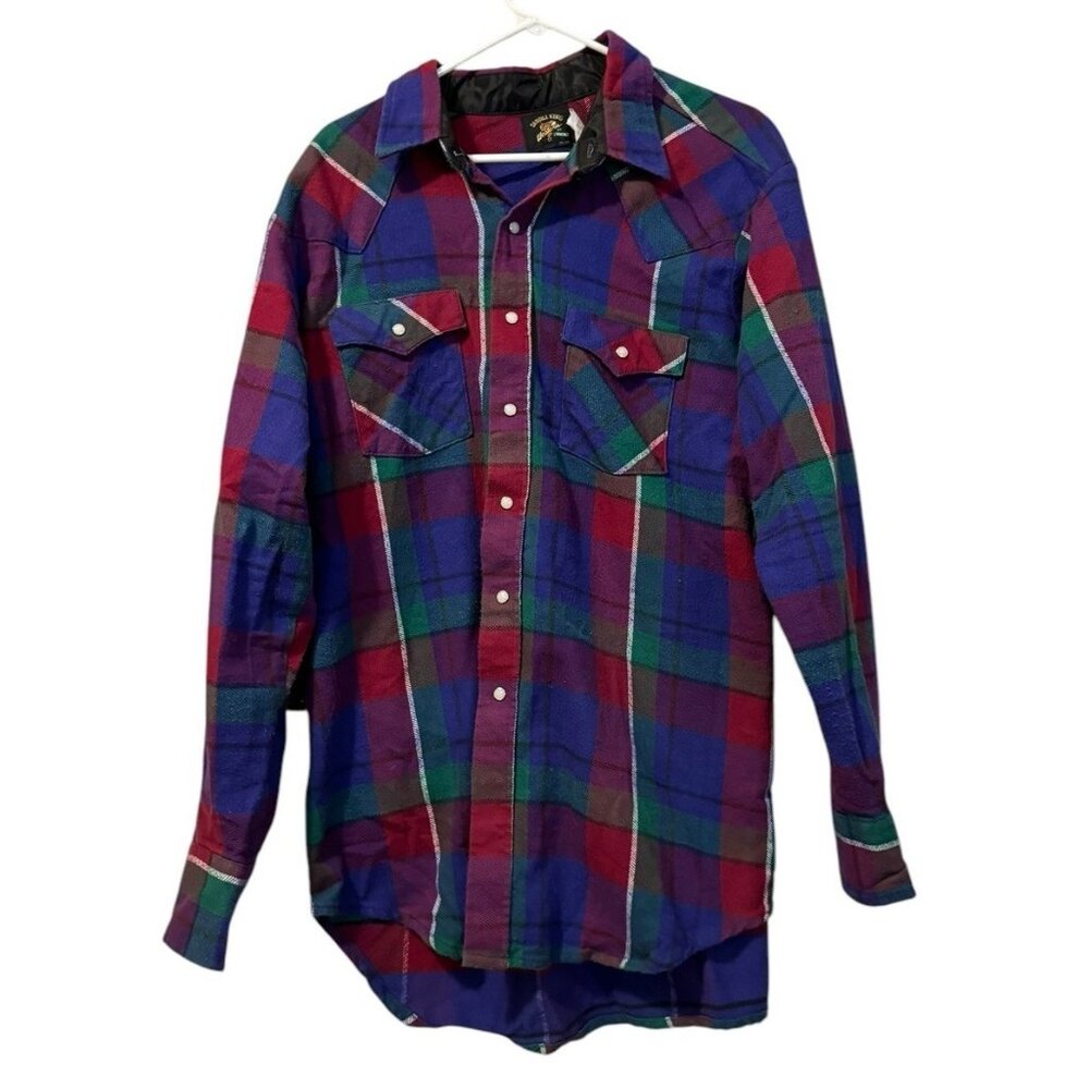 Saddle King Western Men Size Neck 2XL‎ 18 1/2 Flannel Shirt Pearl Snap USA VTG